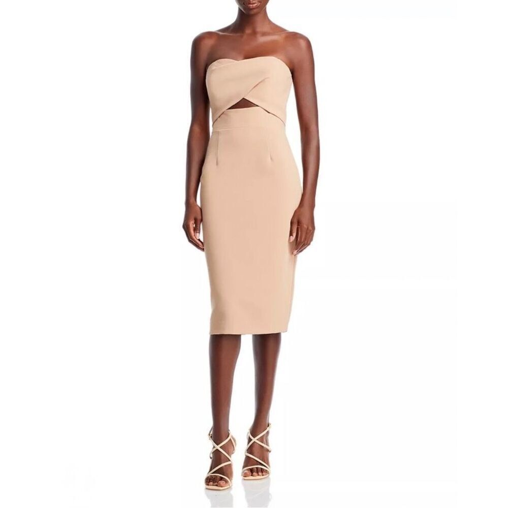 NWT Black Halo Jada Beige Strapless Cutout Cocktail Midi Dress 4 Wedding Party